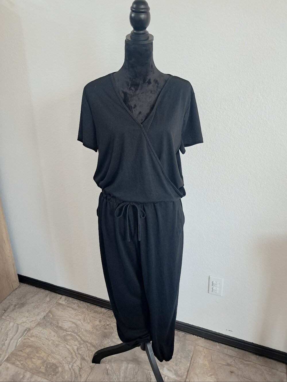 Pretty Garden Black Wrap Jumpsuit Small Drawstring Waist Short Sleeve Pockets